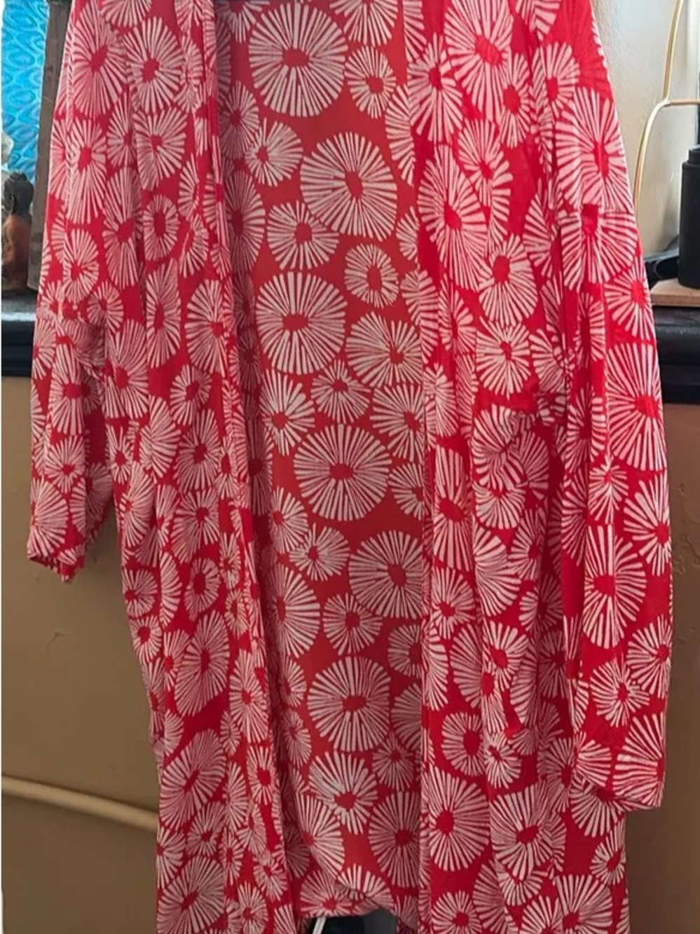 LOFT Red and White Floral Open Cardigan